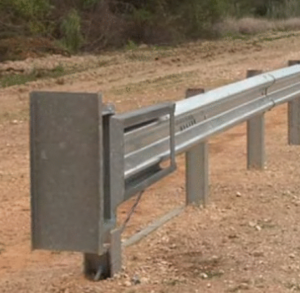 Modified G2 Weak Post W-Beam Guardrail barrier prior to testing.
